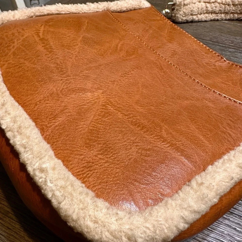 Ah-dorned‎ Vegan Leather Messenger Bag Sherpa Trim Shoulder Bag Purse Handbag